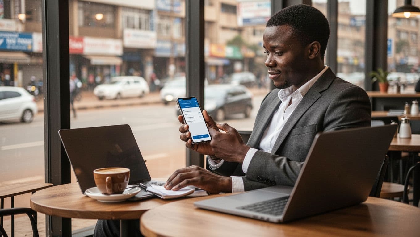 How the Escorts in Nairobi Scene Works Today 6 Xxnairobi- Best Escorts in Nairobi Directory in Kenya A business professional seated alone in a modern Nairobi cafe reviews appointment details on a smartphone, with coffee beside a closed laptop. Soft morning light streams through large windows with a blurred city street view, conveying a relaxed and discreet booking process.