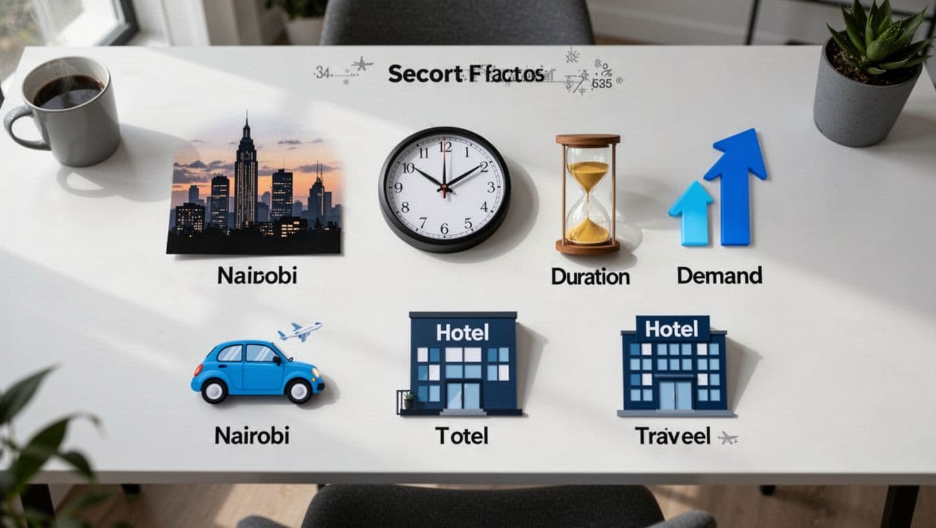 How the Escorts in Nairobi Scene Works Today 5 Xxnairobi- Best Escorts in Nairobi Directory in Kenya Photorealistic top-down view of six icons arranged on a clean modern desk, representing key factors affecting escort prices in Nairobi: skyline silhouette, evening clock, hourglass, upward demand arrow, car, and hotel building.