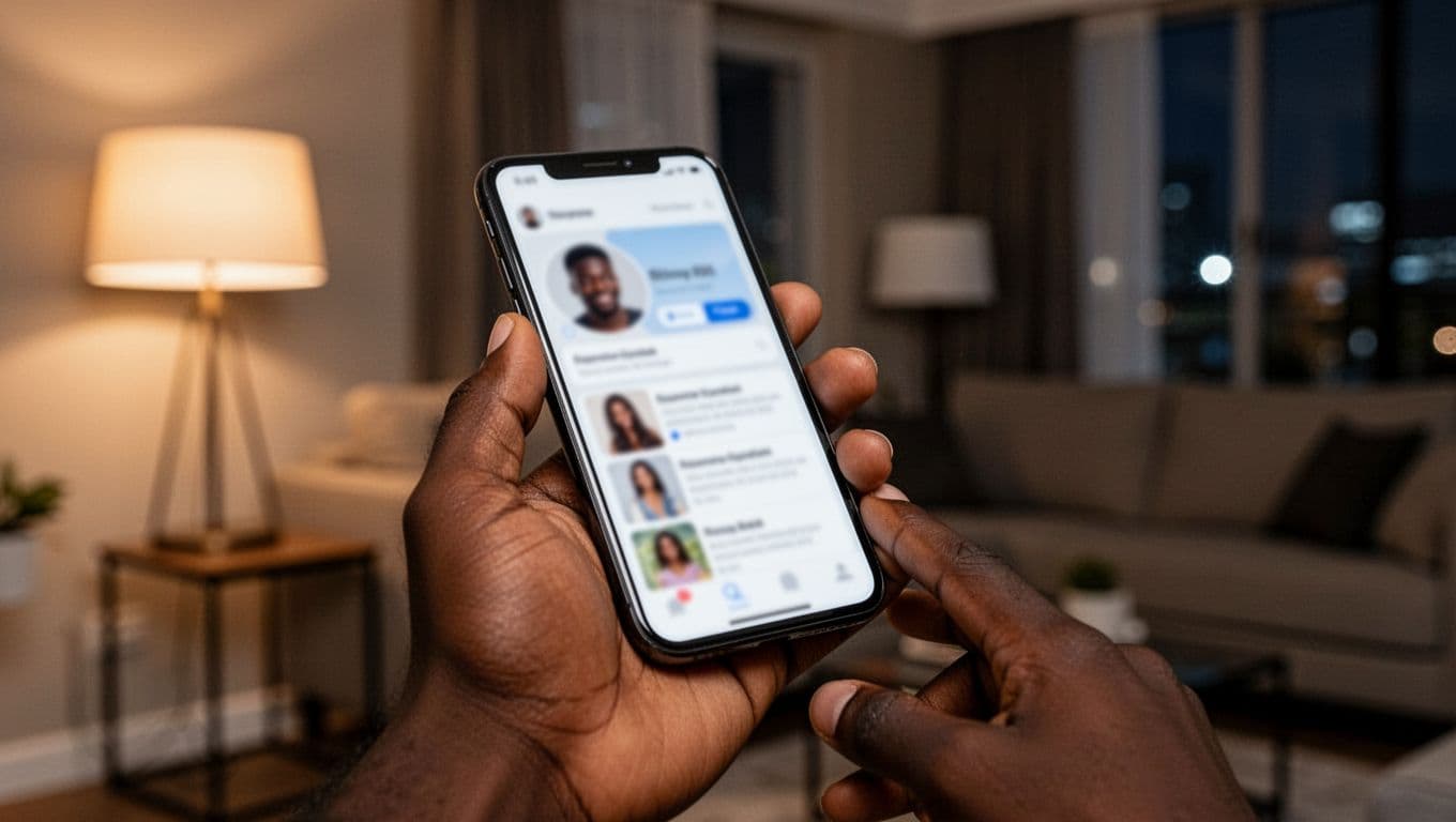 How the Escorts in Nairobi Scene Works Today 4 Xxnairobi- Best Escorts in Nairobi Directory in Kenya A young man's hand holds a smartphone in a modern Nairobi apartment at night, screen angled away showing blurred indistinct profile interface with placeholder photos and text, illustrating safe mobile selection process.