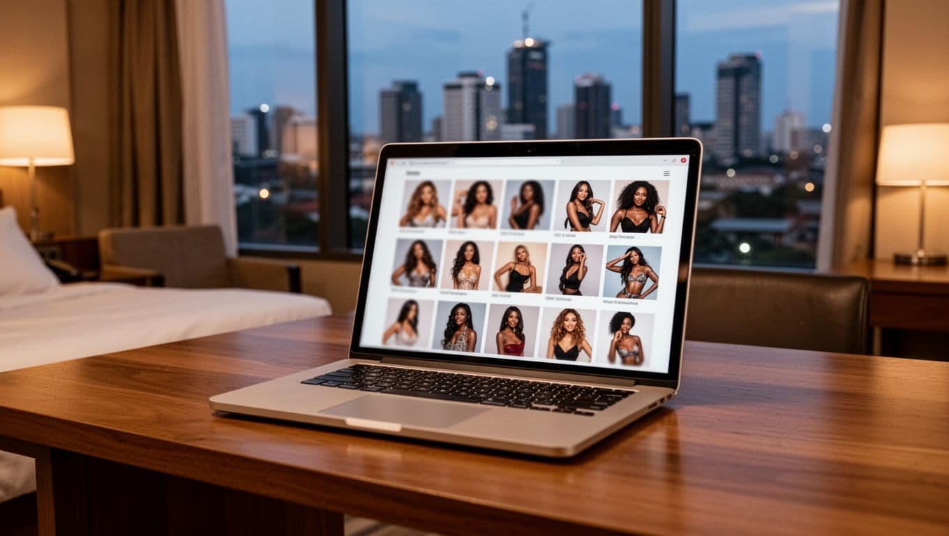 How the Escorts in Nairobi Scene Works Today 8 Xxnairobi- Best Escorts in Nairobi Directory in Kenya Professional laptop on wooden desk in modern Nairobi hotel room with evening city skyline view, screen showing clean grid of blurred diverse escort profile thumbnails, soft warm lighting, high detail realistic photo.