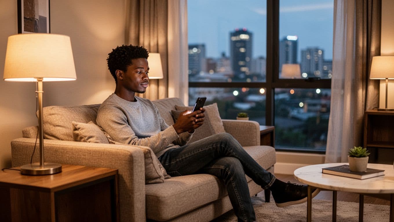 How the Escorts in Nairobi Scene Works Today 7 Xxnairobi- Best Escorts in Nairobi Directory in Kenya Modern upscale apartment interior in Nairobi at evening, cozy living room with young adult relaxed on couch holding smartphone screen away, soft warm lighting and blurred city skyline emphasizing safety and privacy.