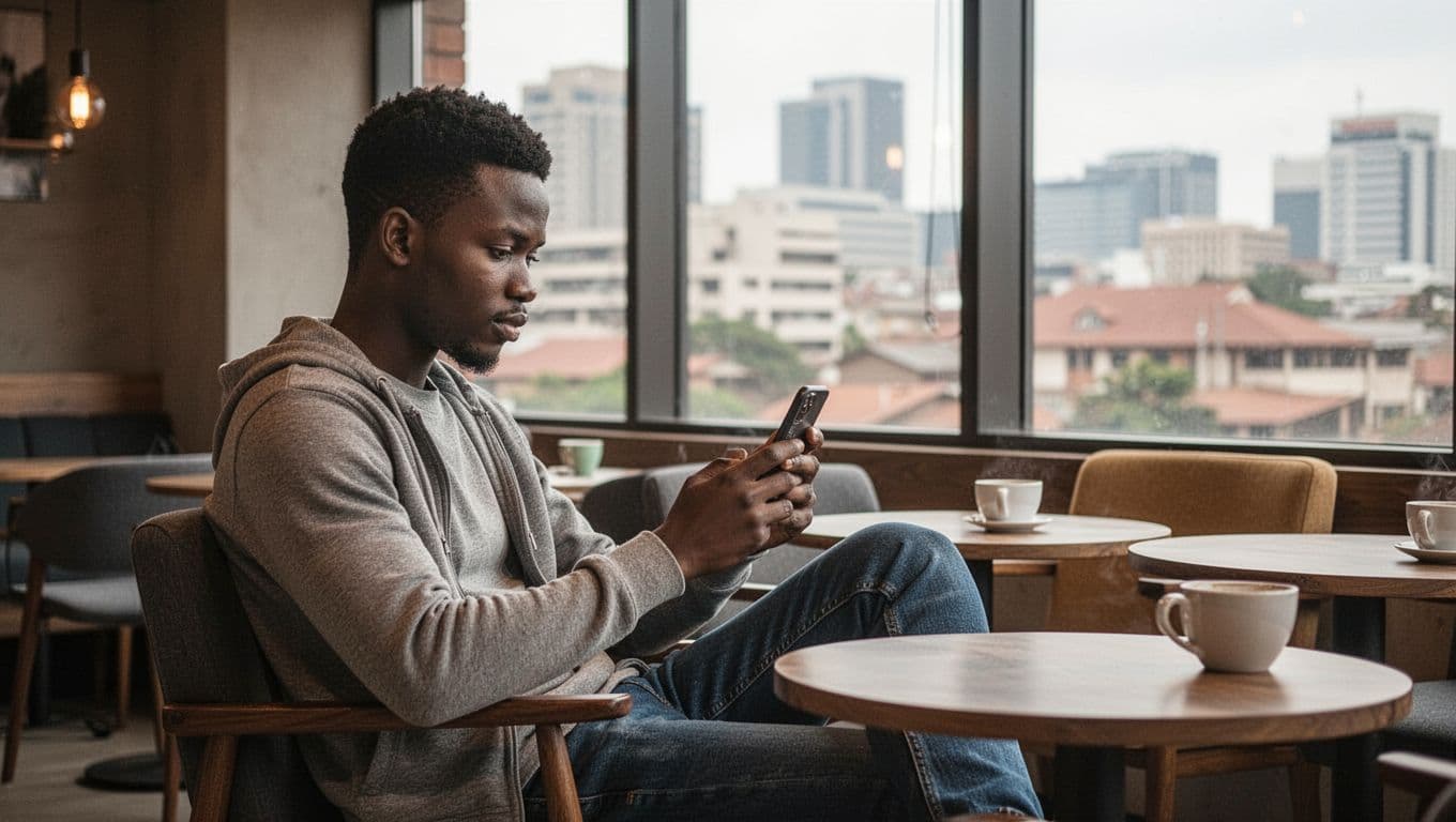 How the Escorts in Nairobi Scene Works Today 2 Xxnairobi- Best Escorts in Nairobi Directory in Kenya A young adult male sits alone in a quiet modern cafe in Nairobi, holding a smartphone with screen facing away, browsing discreetly in a relaxed posture under soft natural light from a window with city view.