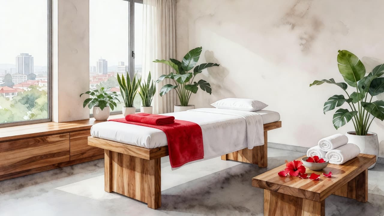 A serene massage room in Nairobi featuring wooden decor and deep red accents in a soft watercolor style.