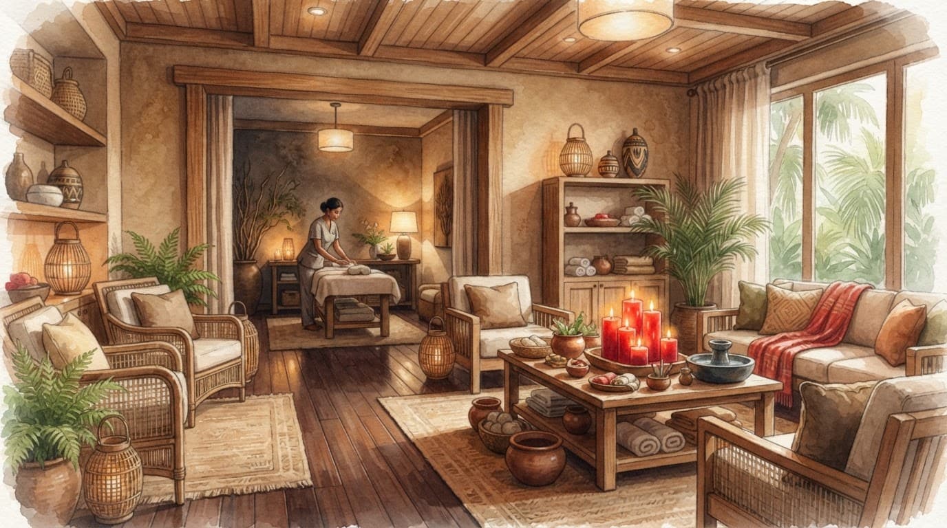 A peaceful watercolor spa interior with wooden decor, red candles, and a distant attendant.