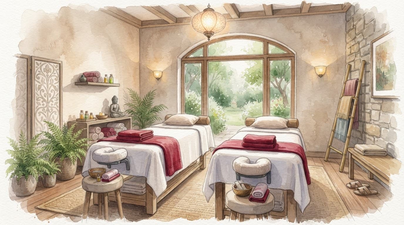 Two massage tables with bright red accent towels in a calm spa room.