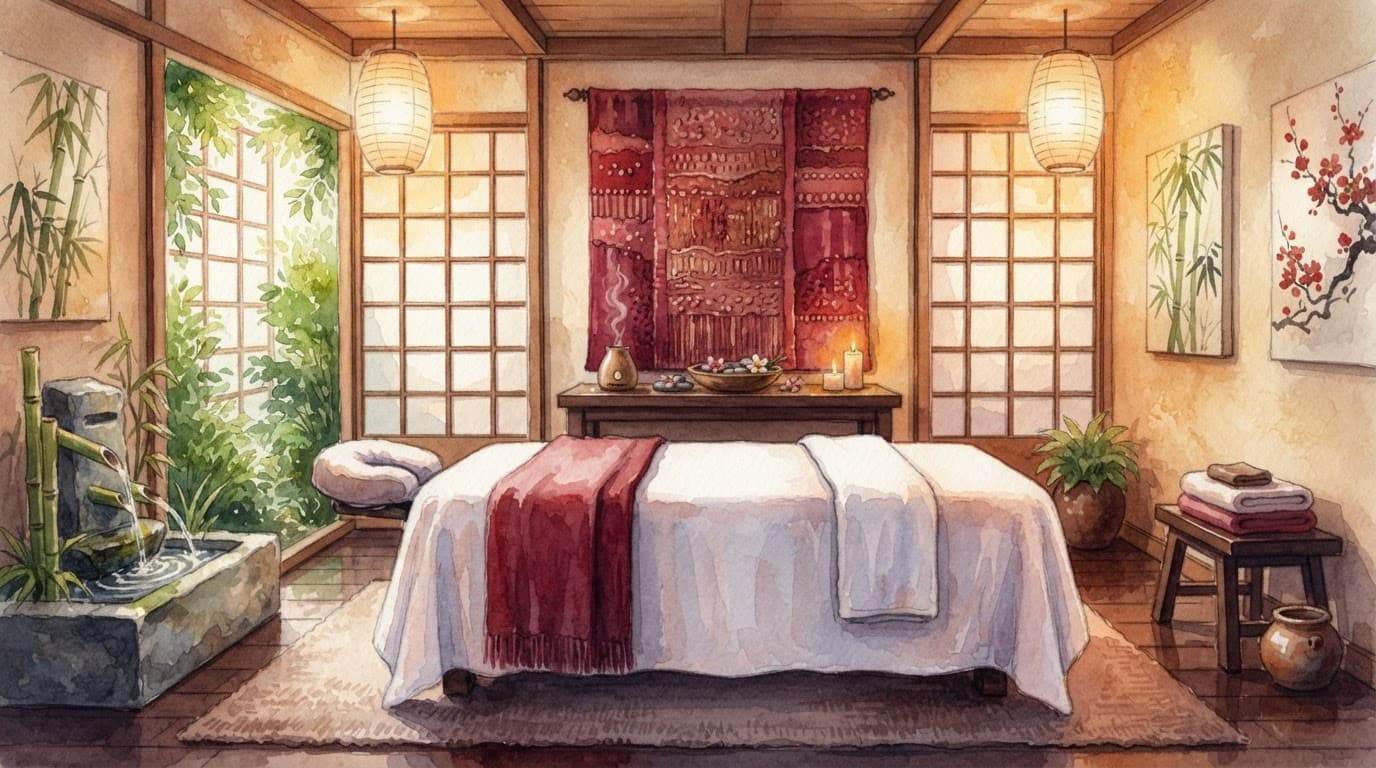 A softly lit spa room with a massage table and bold red accents.