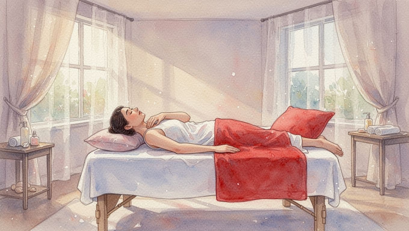 Mobile Massage Nairobi: Prices, Booking, and Safety 1 Xxnairobi- Best Escorts in Nairobi Directory in Kenya A watercolor painting of someone resting on a massage table with a bold red towel.