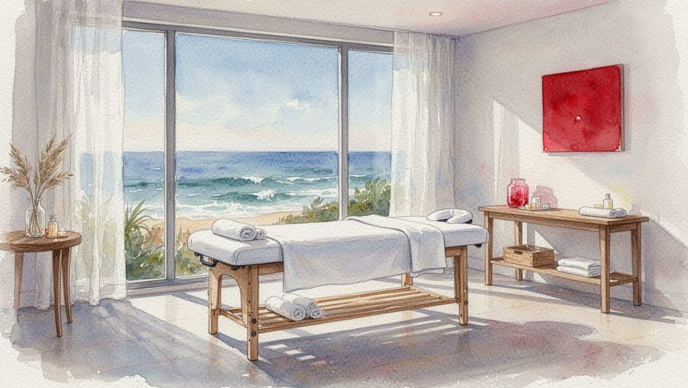 Full Body Massage Mombasa: Spa Options and Booking Tips 1 Xxnairobi- Best Escorts in Nairobi Directory in Kenya A massage table in a bright coastal spa room with a bold red accent.