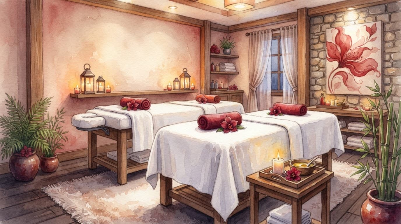 Two massage tables with white towels in a warmly lit spa room.