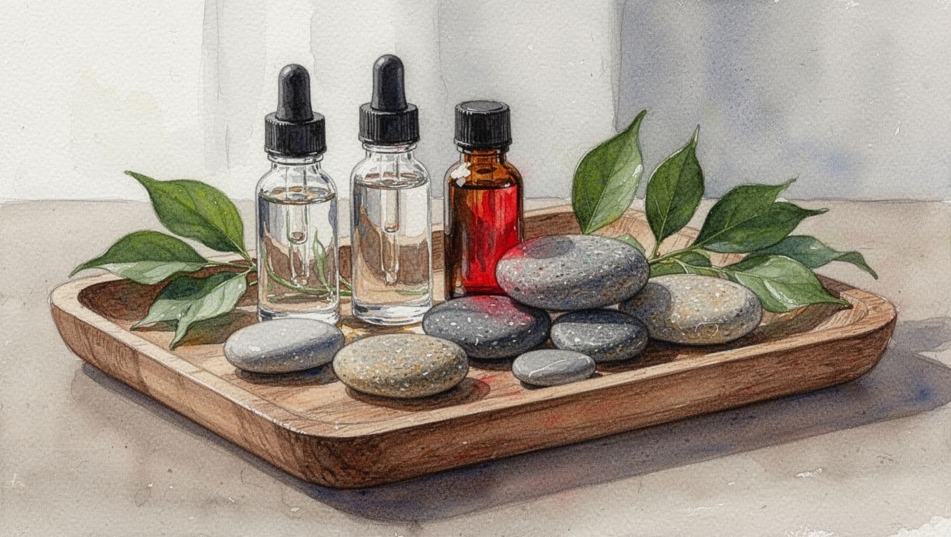 20 Types of Massage and How to Choose the Right One 3 Xxnairobi Escorts-Nairobi Escorts Near You For Fun Watercolor tray with oil bottles, smooth stones, and green leaves.