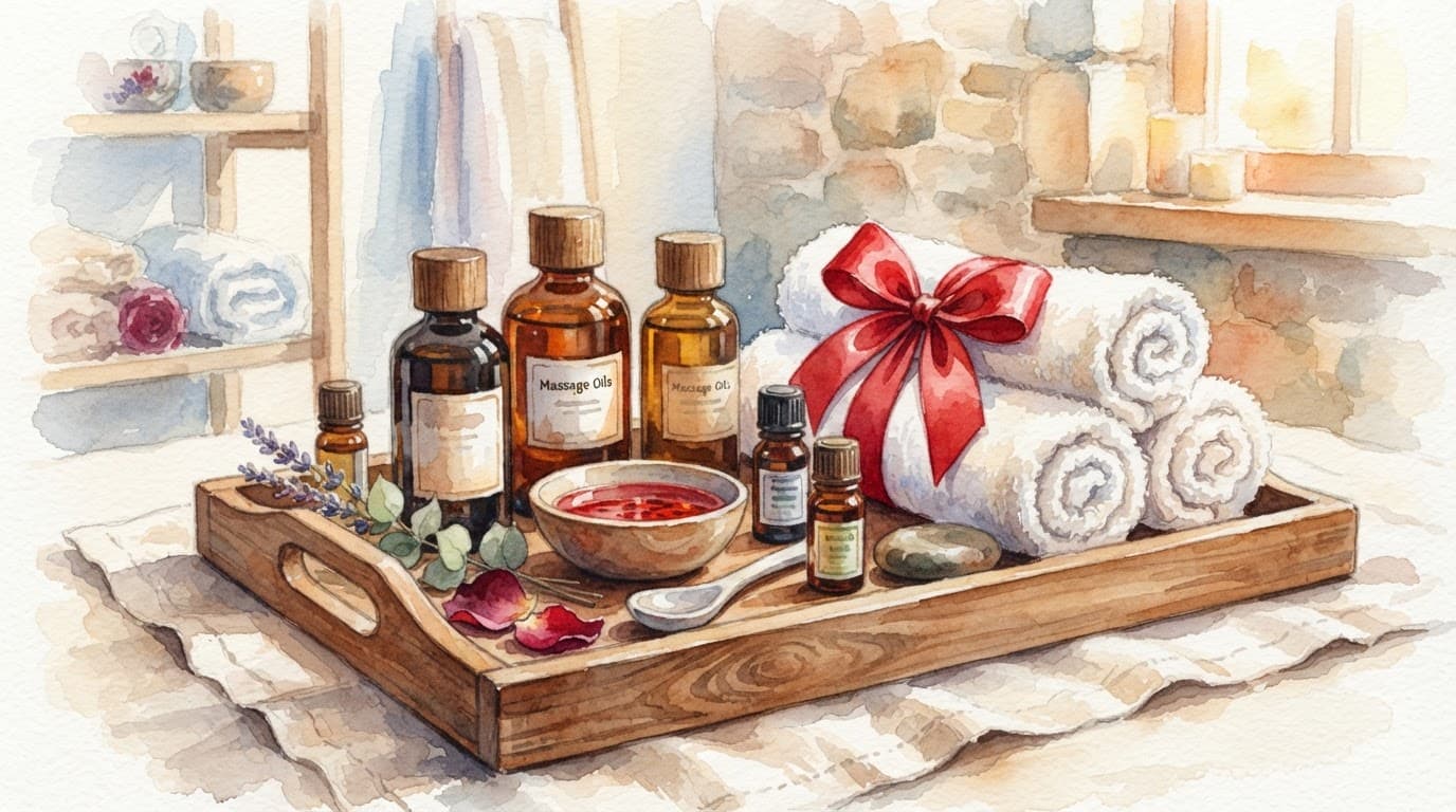 Full Body Massage at Home in Nairobi: A Safer Guide 2 Xxnairobi Escorts-Nairobi Escorts Near You For Fun Massage oils and fluffy towels arranged on a wooden tray with a bold red accent.