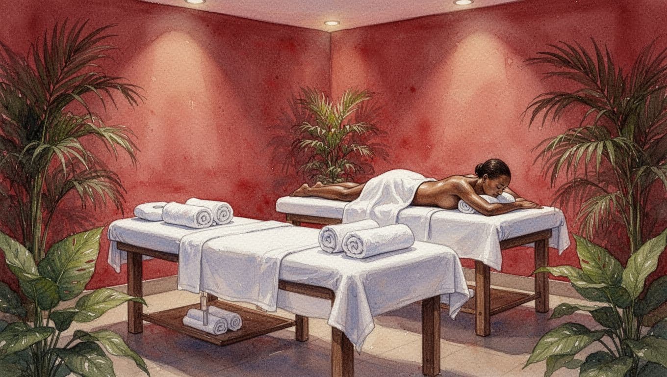 Couples Massage Nairobi: Prices and Booking Tips 1 Xxnairobi- Best Escorts in Nairobi Directory in Kenya Two massage tables with rolled towels fill a warmly lit spa room with tropical plants.