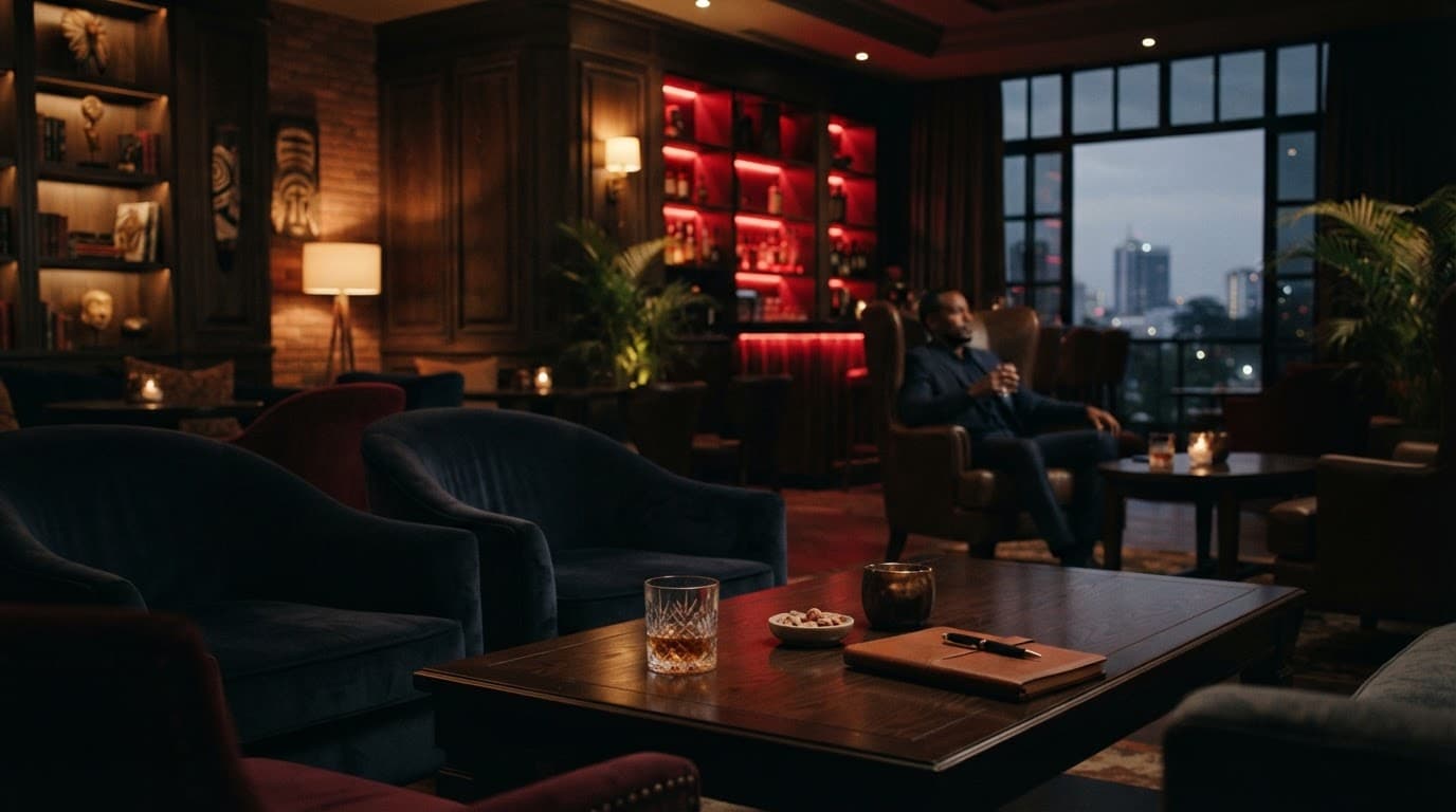 Upscale Nairobi lounge with red lighting, comfortable seating, and one person seated in the background.