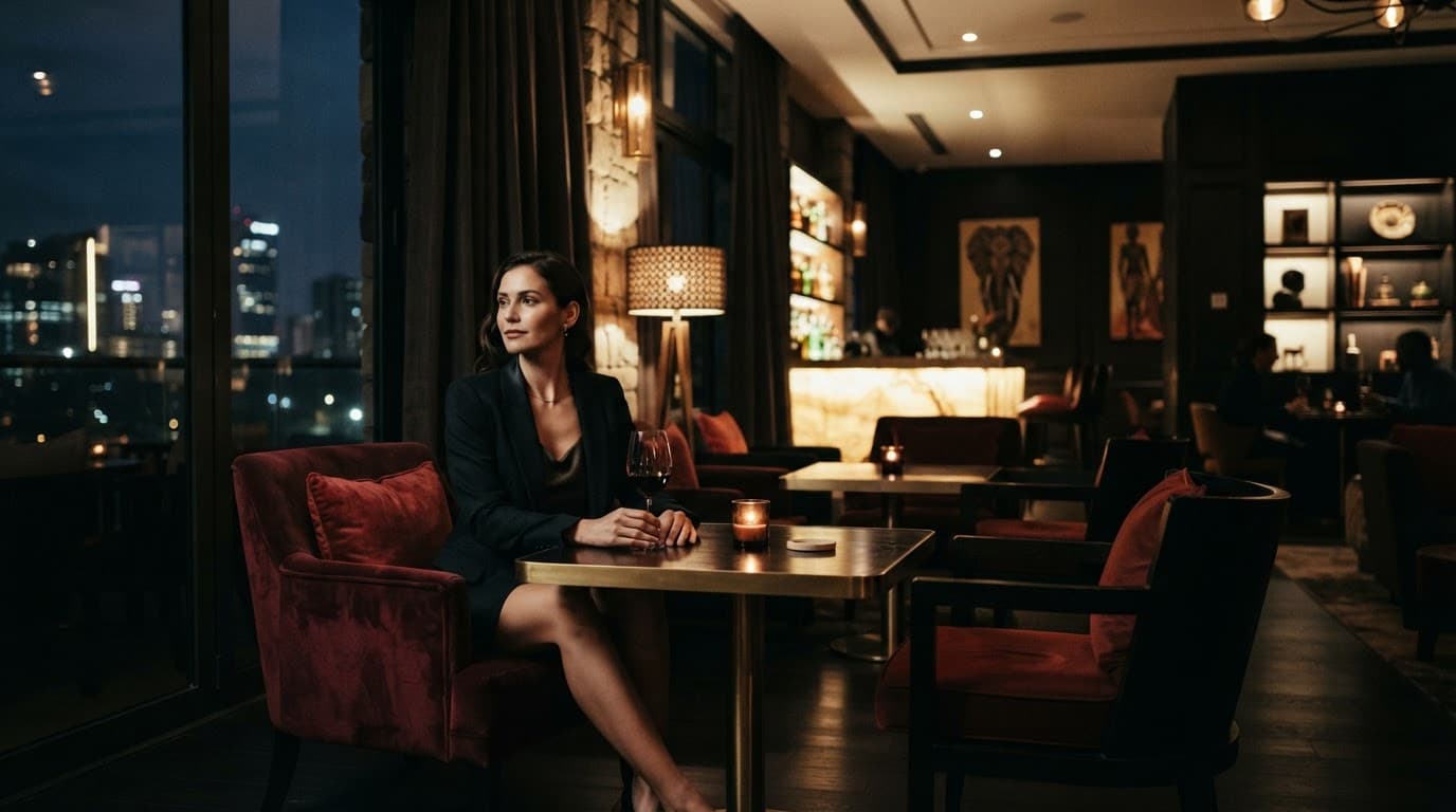 An elegant hotel lounge with plush chairs, warm lighting, and a bold red accent.
