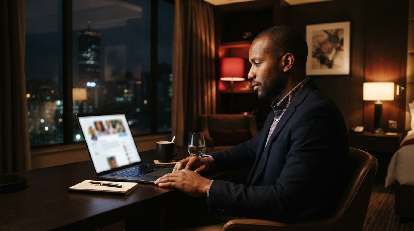 Featured Escorts Nairobi: Read Listings With Care 1 Xxnairobi- Best Escorts in Nairobi Directory in Kenya An adult reviews a blurred laptop profile at a warmly lit hotel desk.
