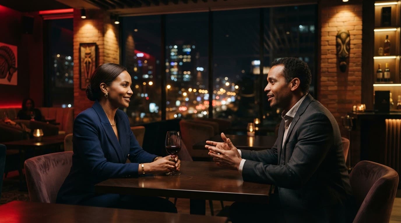 Featured Escorts Nairobi: Read Listings With Care 2 Xxnairobi- Best Escorts in Nairobi Directory in Kenya Two adults talk across a table in a warmly lit Nairobi lounge with city lights outside.