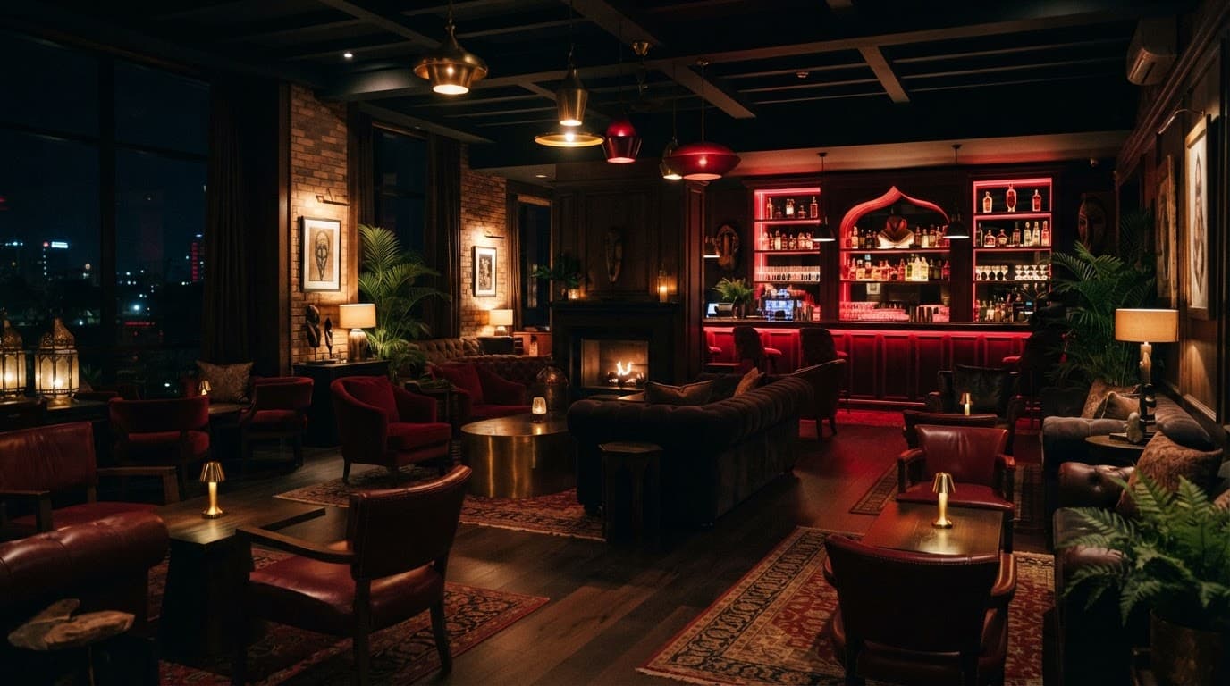 Upscale Nairobi hotel lounge with plush seating and dramatic red lighting.