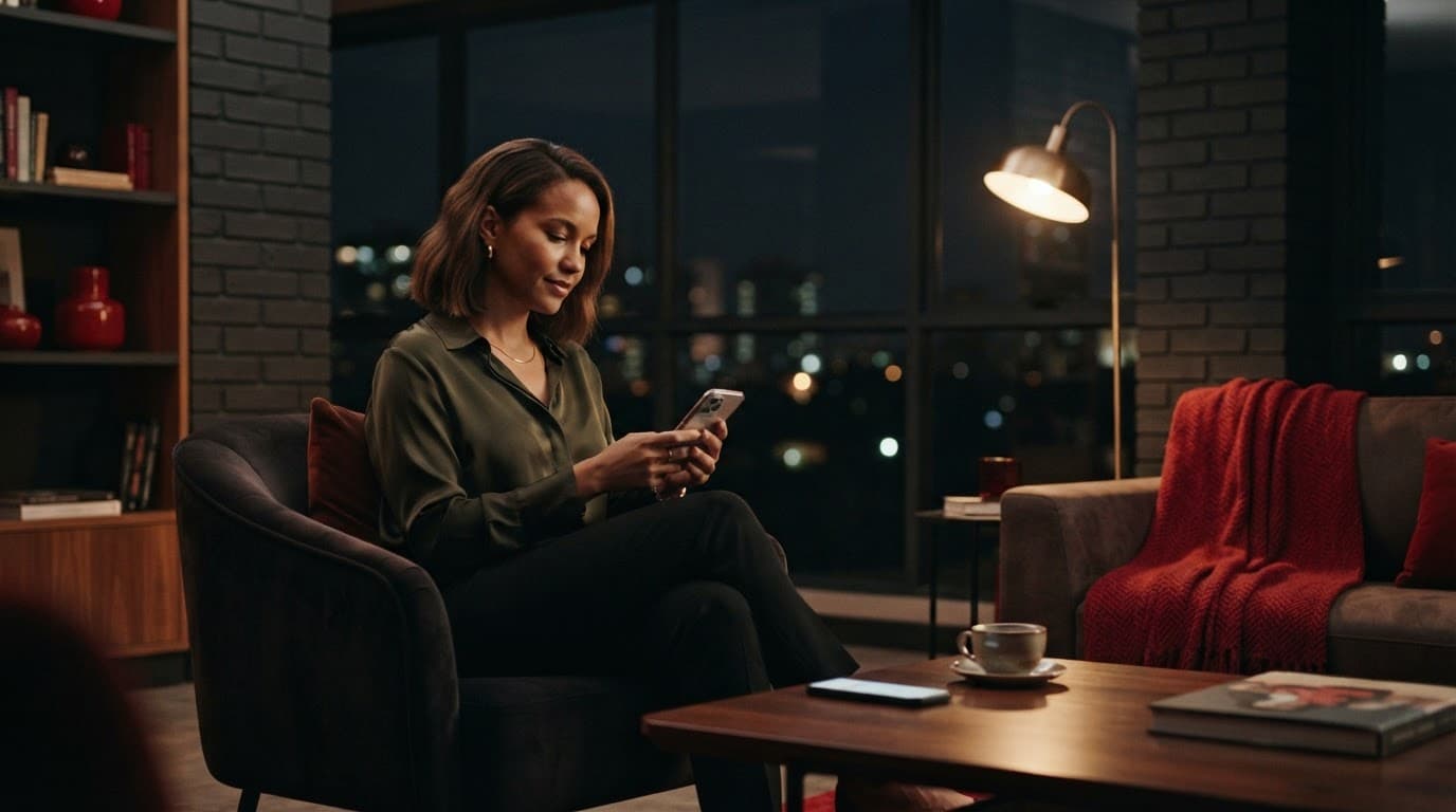 Nairobi escort directory: A Safer Search Guide 1 Xxnairobi Escorts-Nairobi Escorts Near You For Fun Woman checks an angled smartphone in a softly lit apartment lounge.
