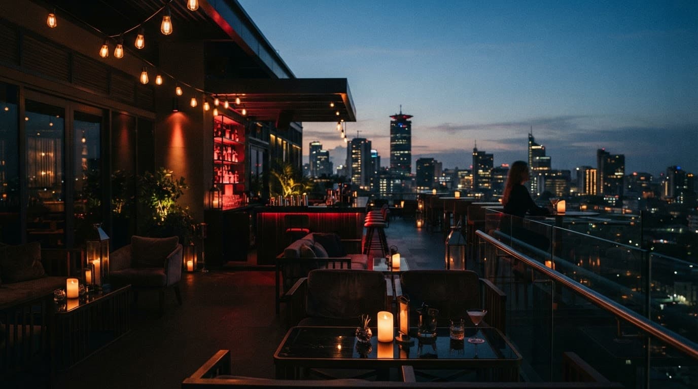 Female Companions Nairobi: A Safer Search Guide 1 Xxnairobi- Best Escorts in Nairobi Directory in Kenya An elegant rooftop lounge overlooks Nairobi at dusk with one blurred figure in the background.