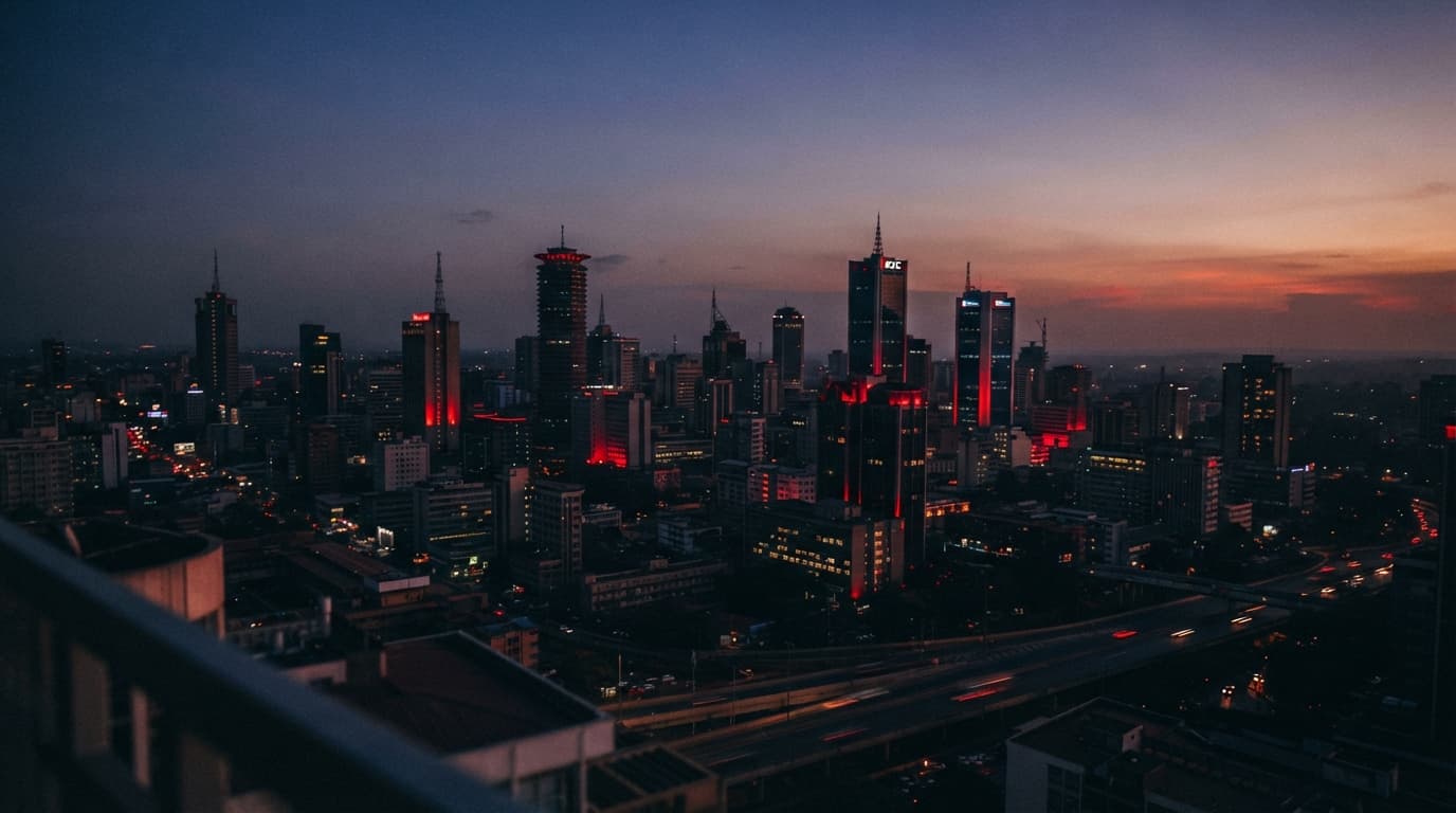 Nairobi skyline in shadow at dusk with red lights.