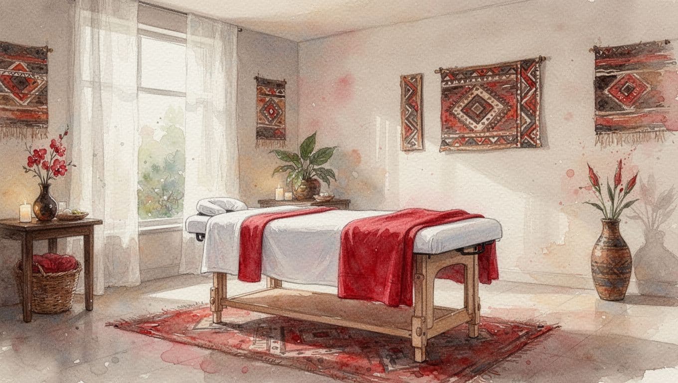 Full Body Massage Price Kenya: Nairobi Rates Guide 1 Xxnairobi- Best Escorts in Nairobi Directory in Kenya A massage table in a softly lit Nairobi spa room with red accents.