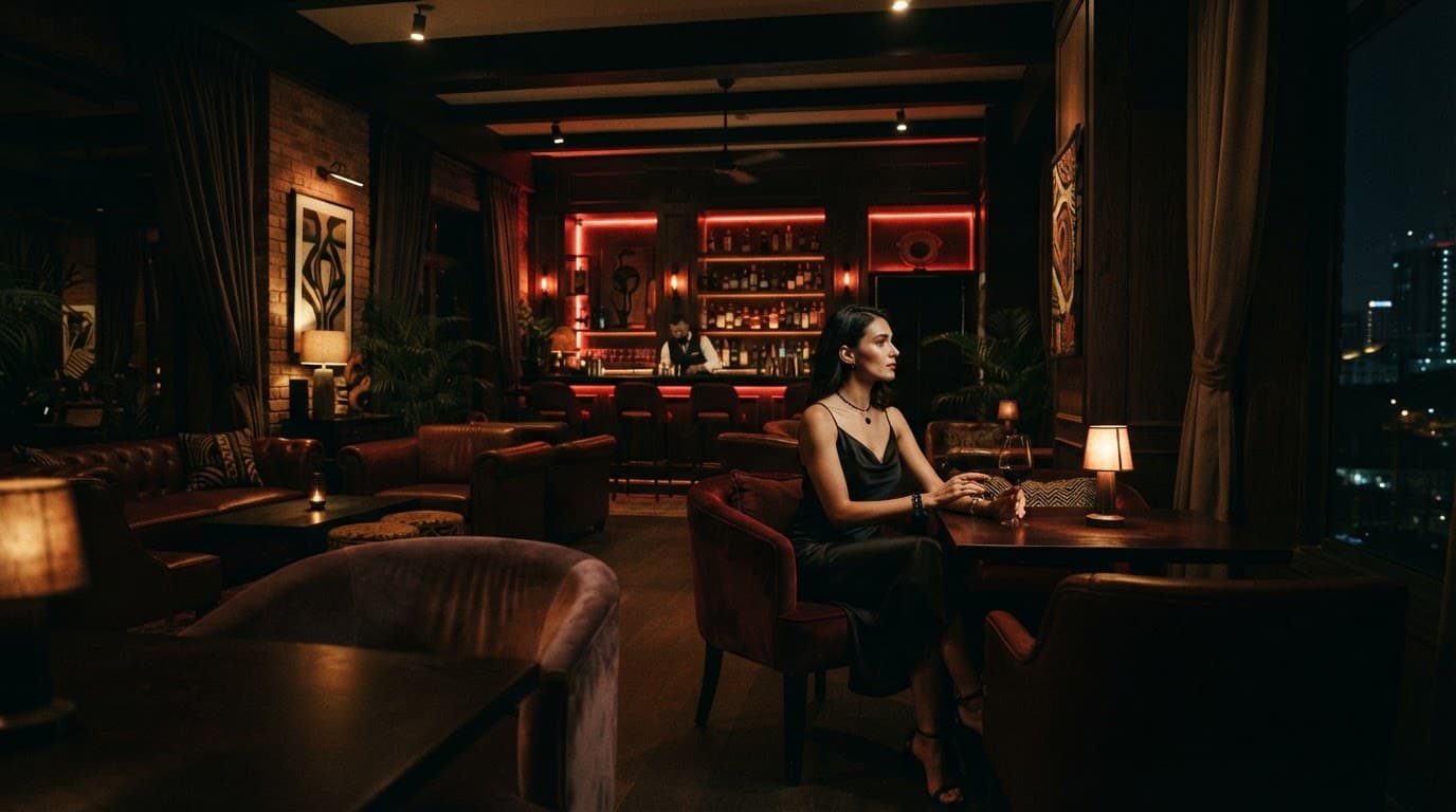 Nairobi Escorts: A Safer Guide to Local Listings 2 Xxnairobi- Best Escorts in Nairobi Directory in Kenya One person sits in a plush Nairobi lounge lit by warm and red accent lights.