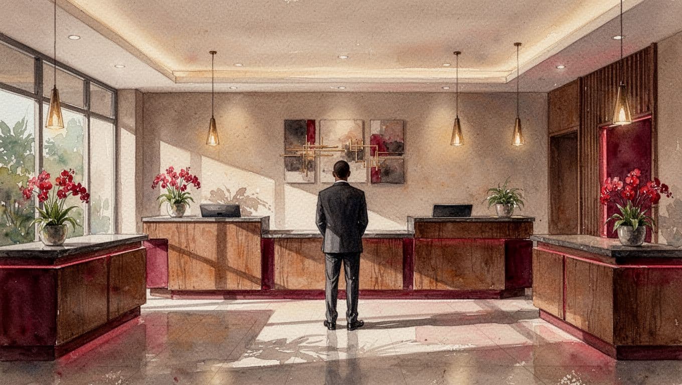 A warmly lit wellness reception with one attendant, wooden counters, and red accents.