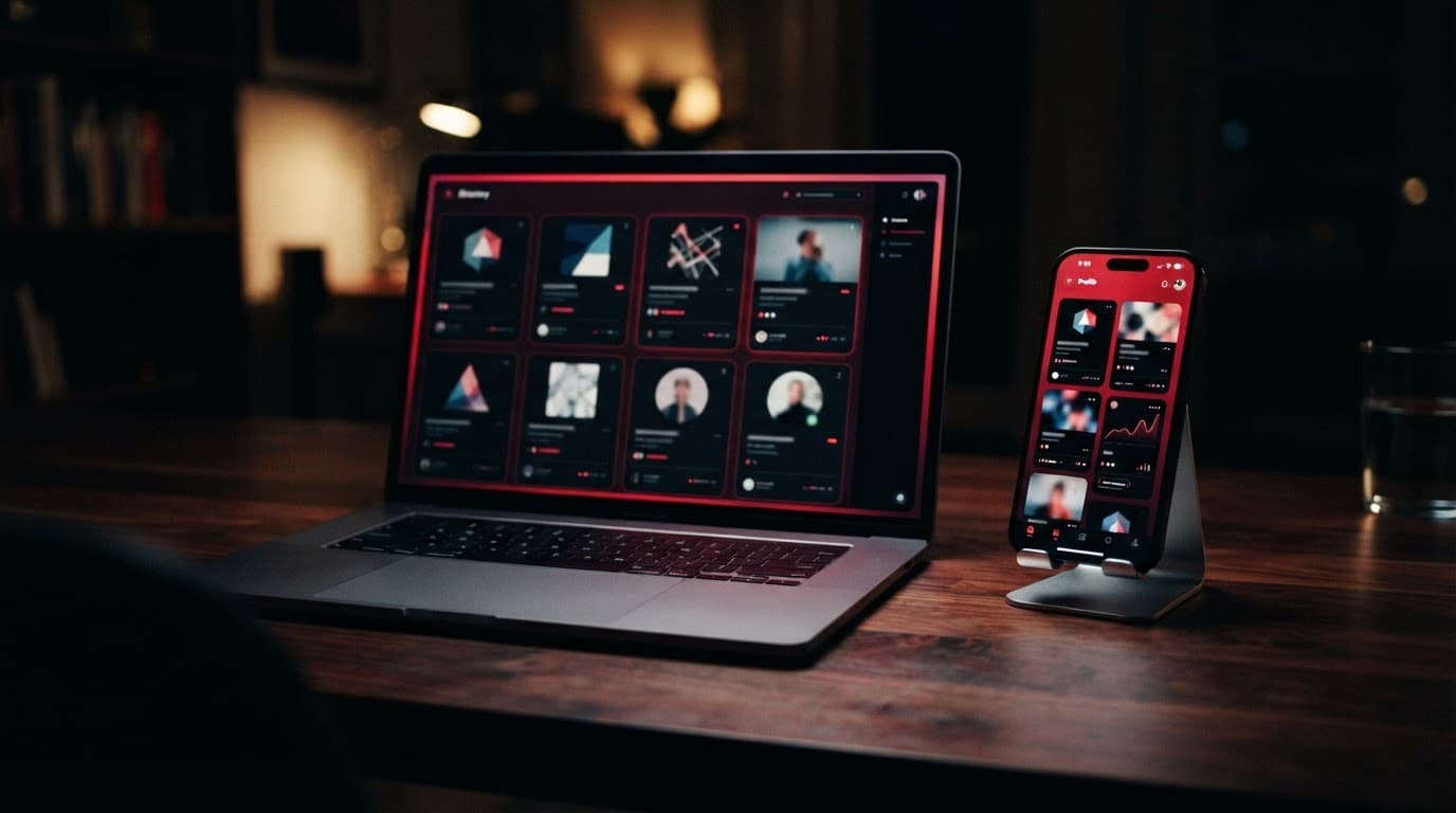 A phone and laptop showing abstract profile cards on a dark desk.