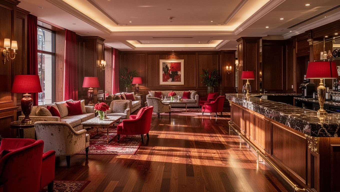 Kenya Escort Directory: Safer Nairobi Listings 2 Xxnairobi- Best Escorts in Nairobi Directory in Kenya Empty luxury hotel lounge with plush seating and warm red lighting.