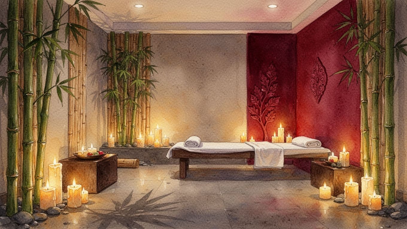 20 Types of Massage and How to Choose the Right One 4 Xxnairobi Escorts-Nairobi Escorts Near You For Fun Watercolor spa room with glowing candles, bamboo decor, and red accents.