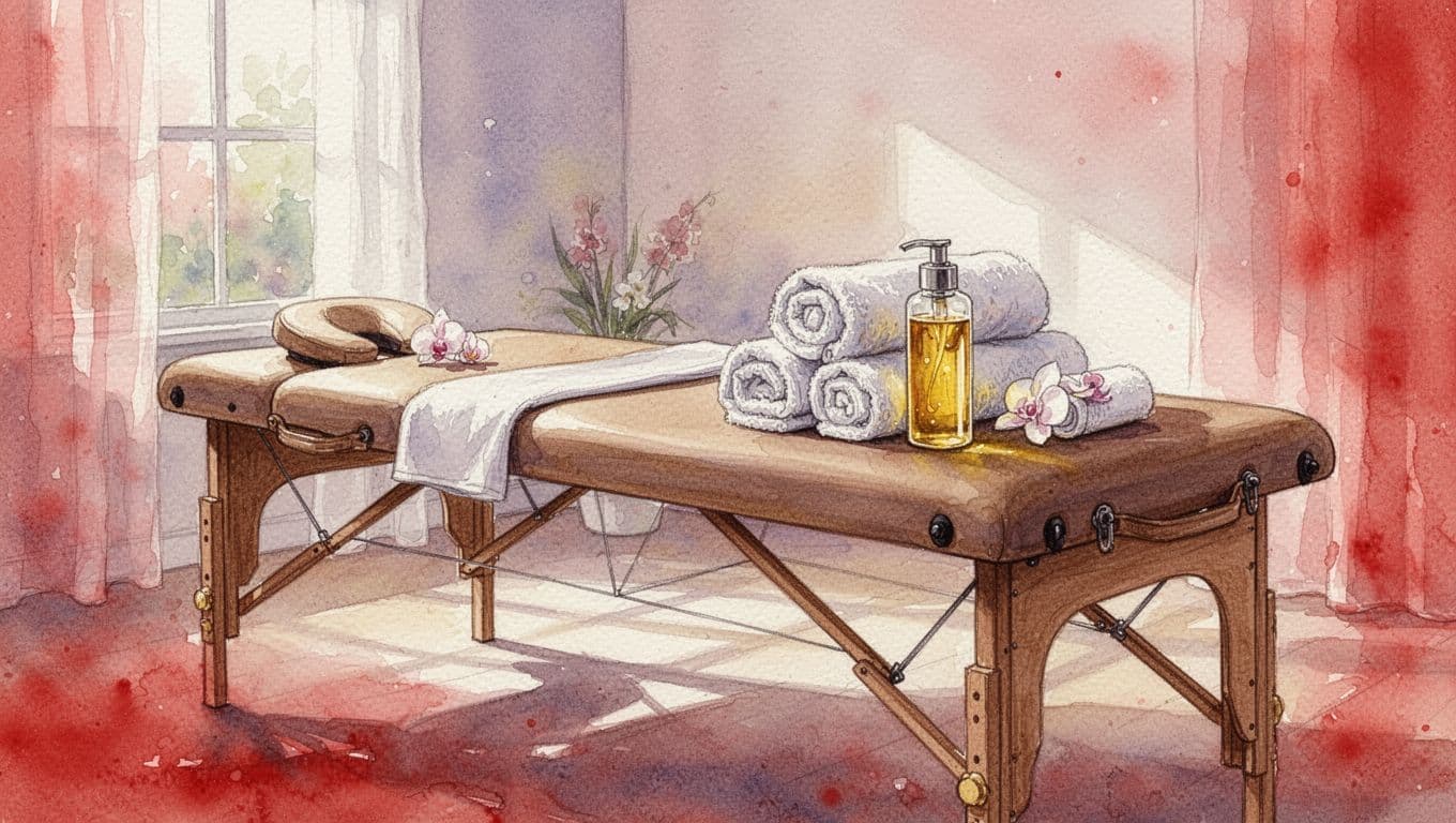 20 Types of Massage and How to Choose the Right One 1 Xxnairobi Escorts-Nairobi Escorts Near You For Fun Watercolor spa room with a wooden massage table, rolled towels, and massage oil.