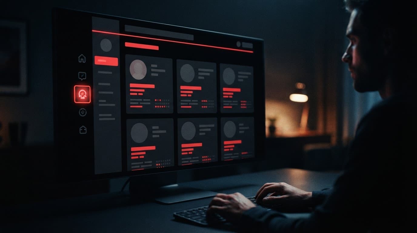 A single screen showing abstract profile categories in a dark room with red lighting.