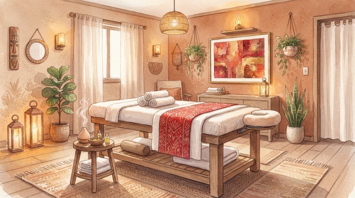 Nairobi Massage Spa Guide: Choose a Safe Session 1 Xxnairobi Escorts-Nairobi Escorts Near You For Fun A warm spa room with a massage table, towels, and leafy plants.
