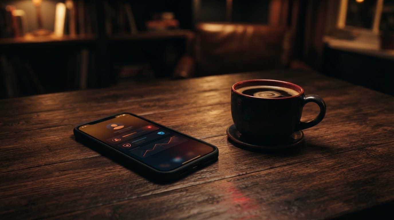 A smartphone and coffee cup sit on a wooden desk in warm, shadowy light.
