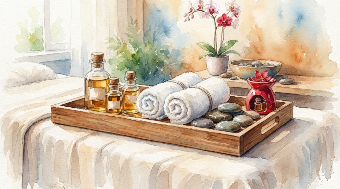Wooden tray with massage oils, rolled towels, and smooth stones on a spa table.