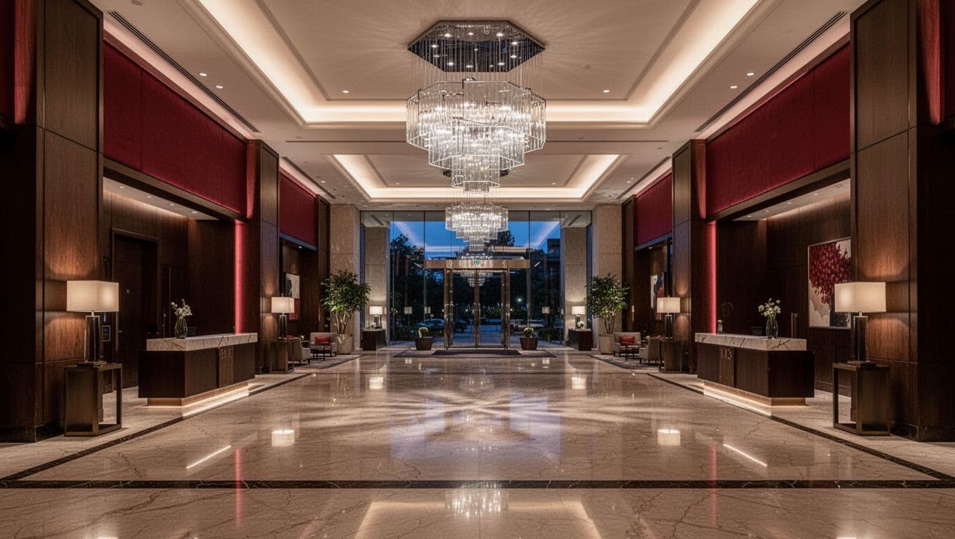 Empty hotel lobby with warm lights and red seating.