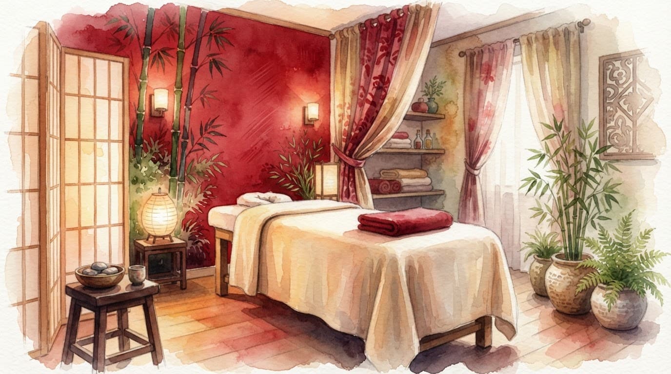 Asian Massage Near Me: A Safer Nairobi Booking Guide 1 Xxnairobi Escorts-Nairobi Escorts Near You For Fun A softly lit spa room with bamboo decor, stones, and red accents.