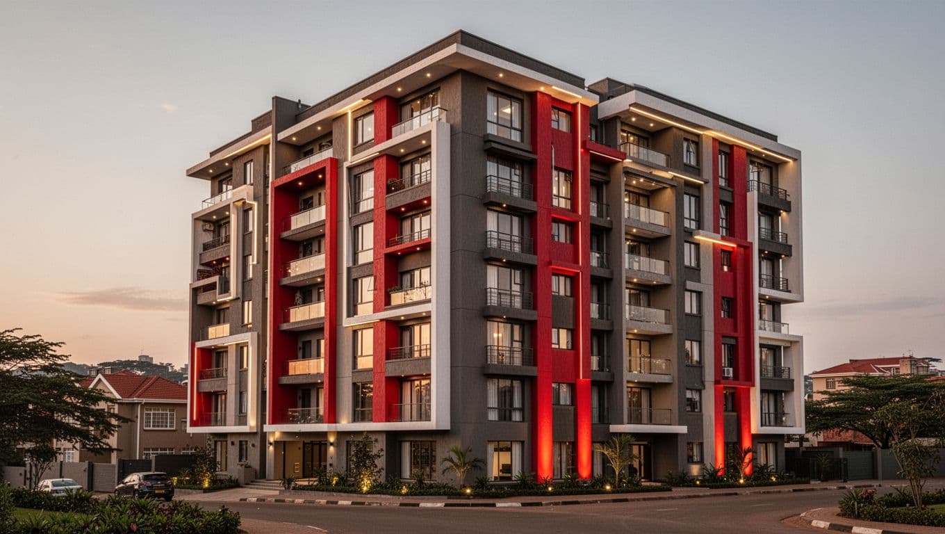 Modern luxury apartment building in Westlands, Nairobi, glowing in warm evening light.