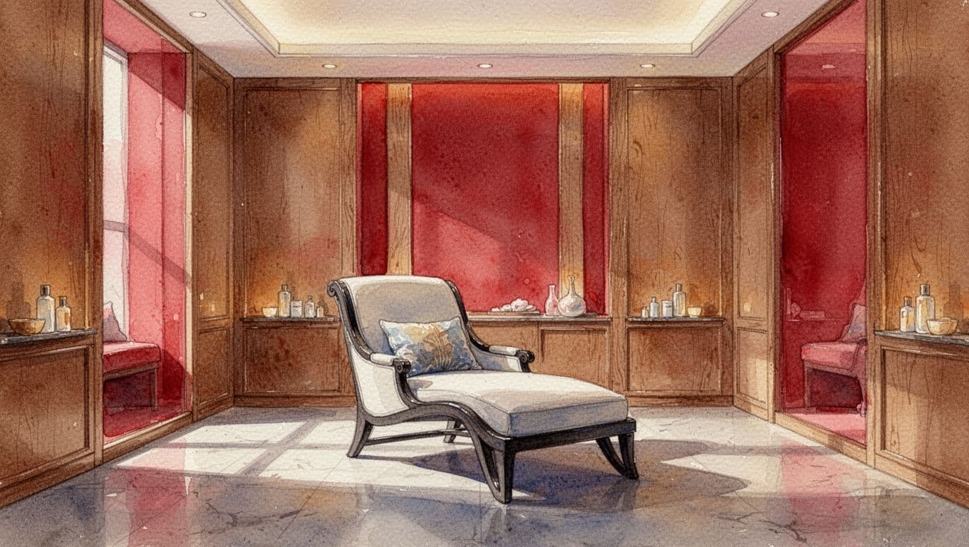 Full Body Massage Price Kenya: Nairobi Rates Guide 2 Xxnairobi- Best Escorts in Nairobi Directory in Kenya One lounge chair sits in a softly lit spa lounge with wood decor and red accents.