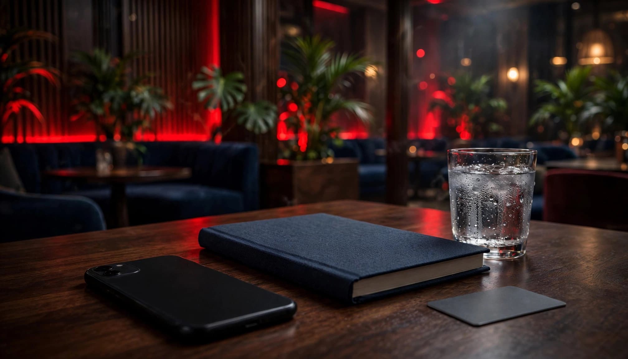 Female Escorts Karen: A Discreet Adult Safety Guide 20 Xxnairobi- Best Escorts in Nairobi Directory in Kenya A smartphone, water glass, notebook, and key card sit on a table in a dim lounge.