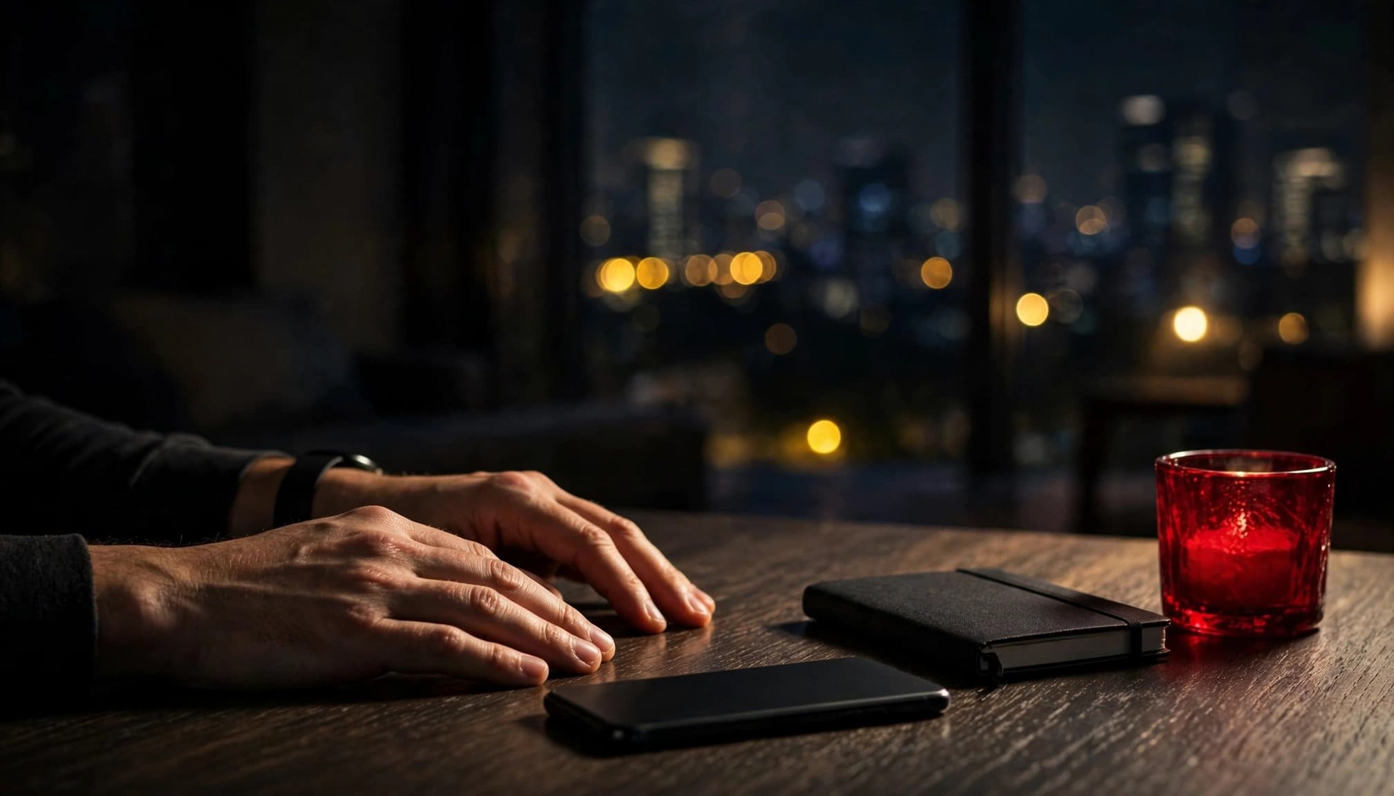 Male Escorts Nairobi: A Safer Search Guide for Adults 14 Xxnairobi- Best Escorts in Nairobi Directory in Kenya Hands beside a closed phone and notebook on a dark table with city lights behind them.