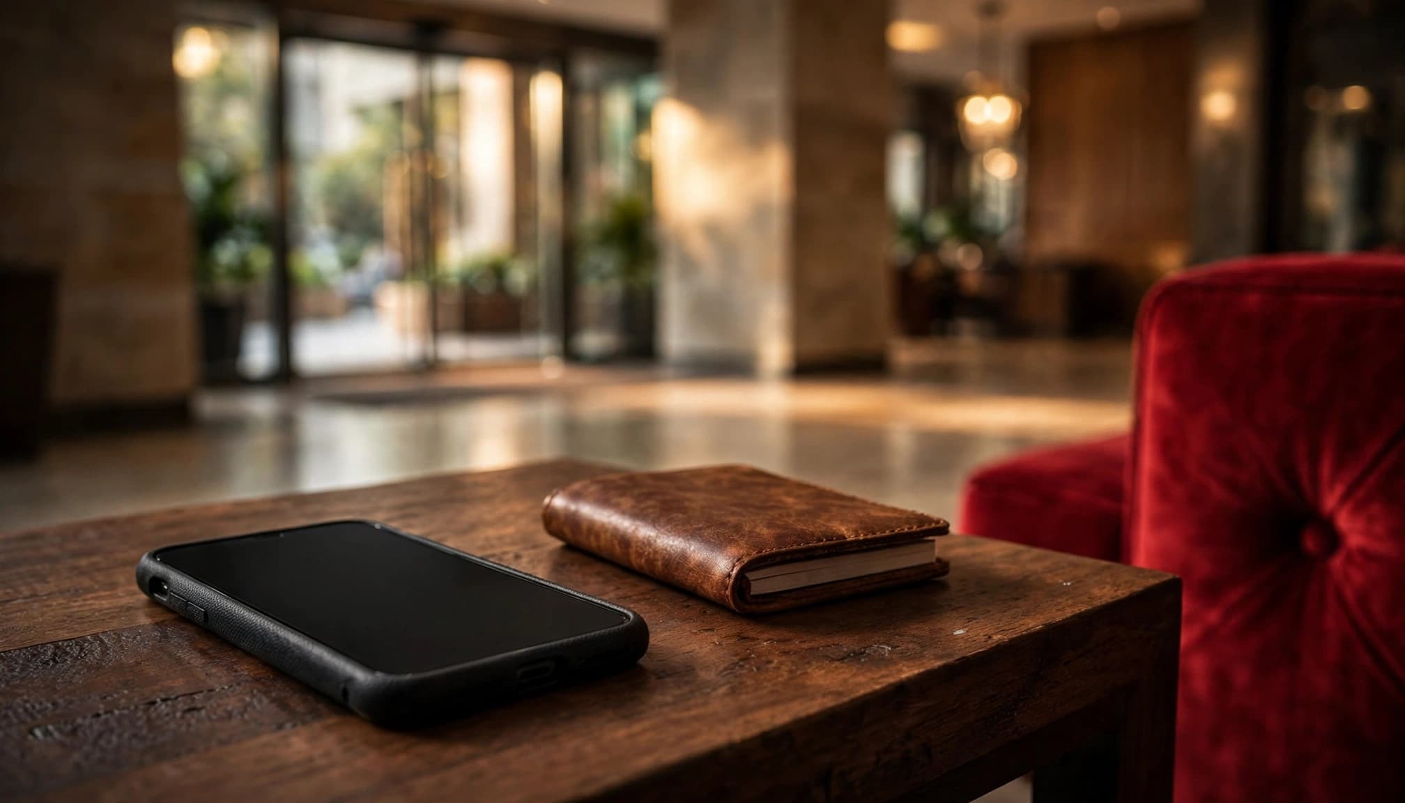 Ladies Escorts Nairobi: Safer Browsing and Contact 8 Xxnairobi- Best Escorts in Nairobi Directory in Kenya A phone and notebook on a hotel lobby table near a blurred entrance.