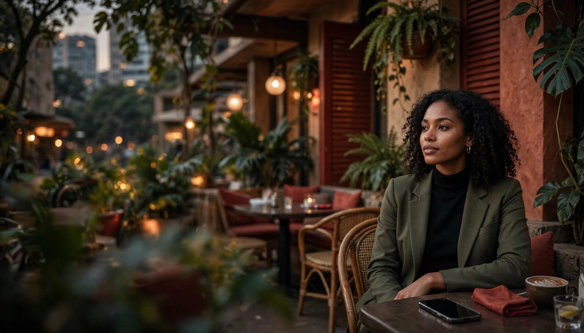 Nairobi Women Companionship: A Safer Search Guide 1 Xxnairobi- Best Escorts in Nairobi Directory in Kenya A woman sits alone at a cafe table with a phone and greenery around her.
