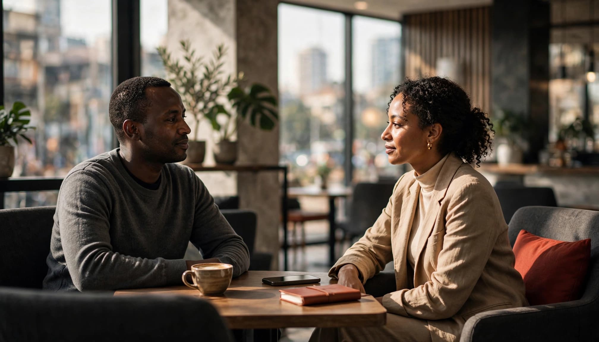 Nairobi Escort Ladies: A Safer Browsing Guide 6 Xxnairobi- Best Escorts in Nairobi Directory in Kenya Two adults talk across a small table in a bright Nairobi cafe.