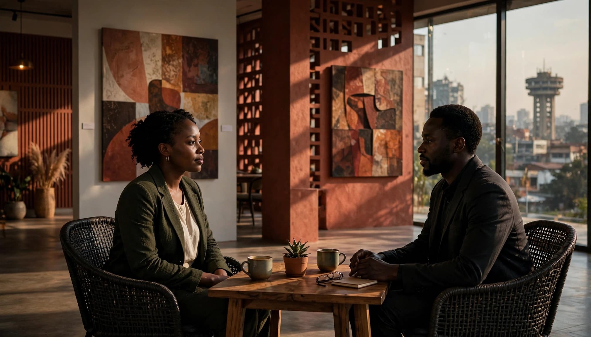 Nairobi Women Companionship: A Safer Search Guide 2 Xxnairobi- Best Escorts in Nairobi Directory in Kenya Two adults calmly converse across a small table in a Nairobi art gallery.
