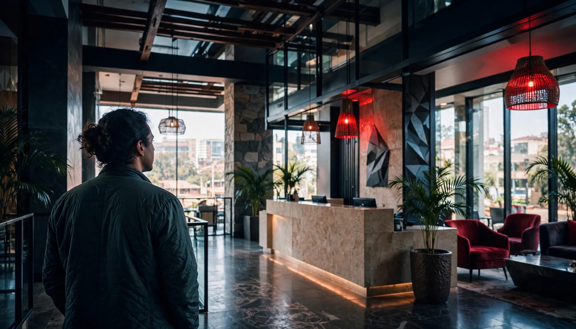Male Escorts Nairobi: A Safer Adult Search Guide 16 Xxnairobi- Best Escorts in Nairobi Directory in Kenya A person stands alone near a hotel reception desk.