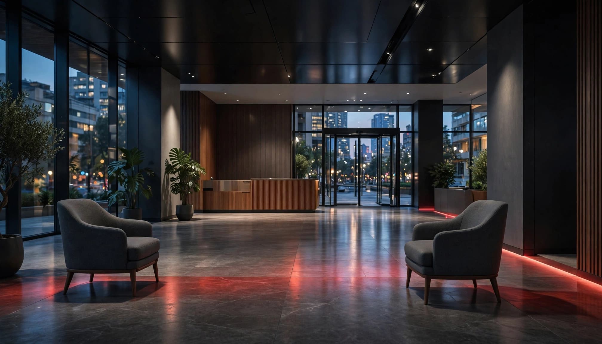 Two separated chairs sit near a visible hotel entrance.