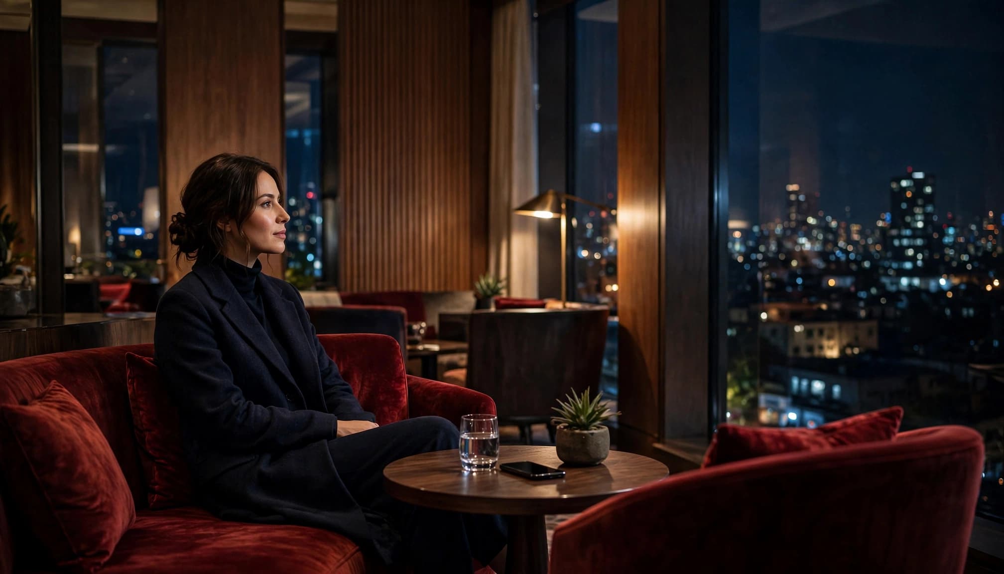 An adult sits alone in a hotel lounge beside a phone and glass of water.