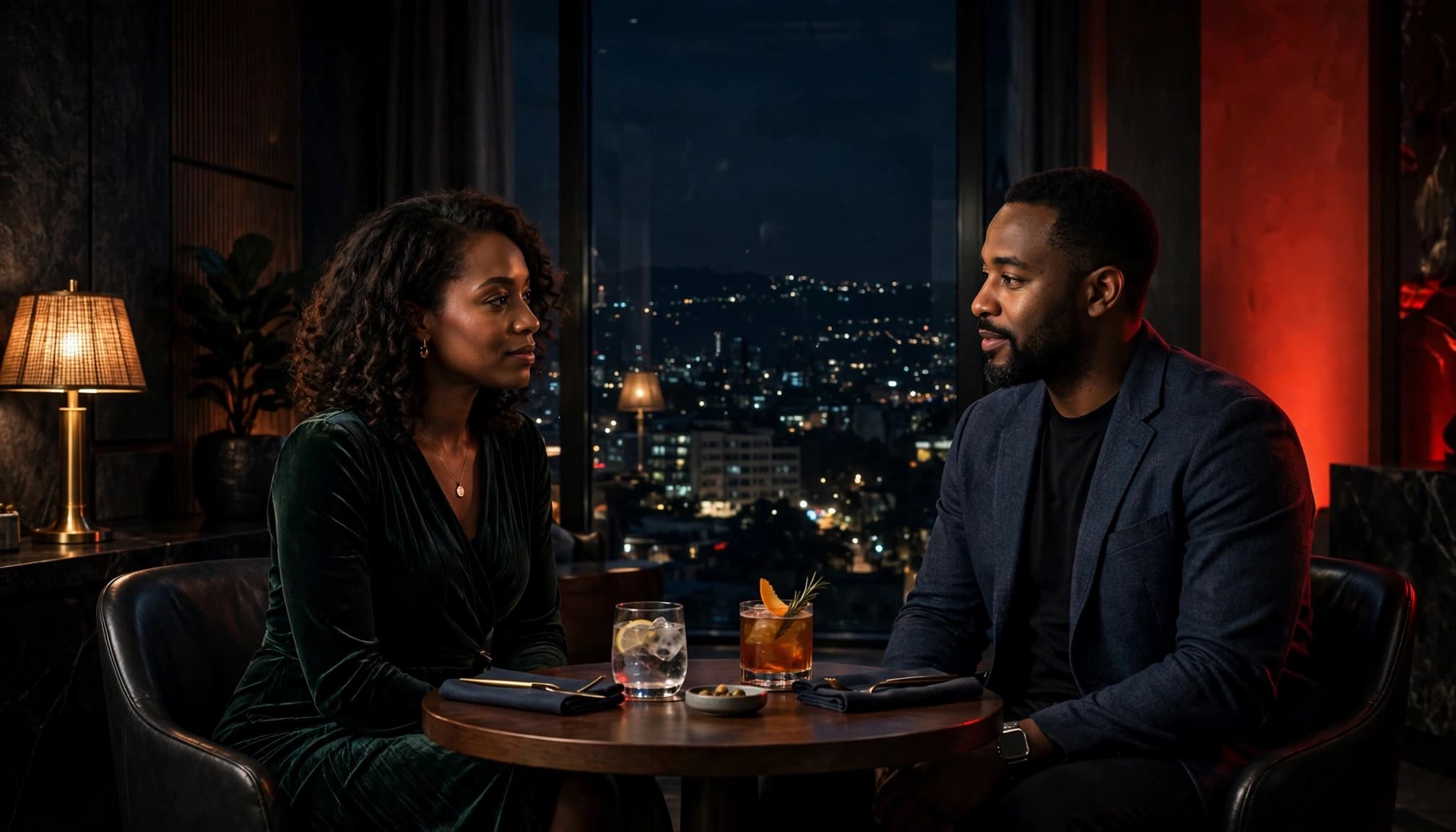 Female Companion Nairobi: A Respectful Search Guide 2 Xxnairobi- Best Escorts in Nairobi Directory in Kenya A woman and man talk across a small table in a warmly lit hotel lounge.
