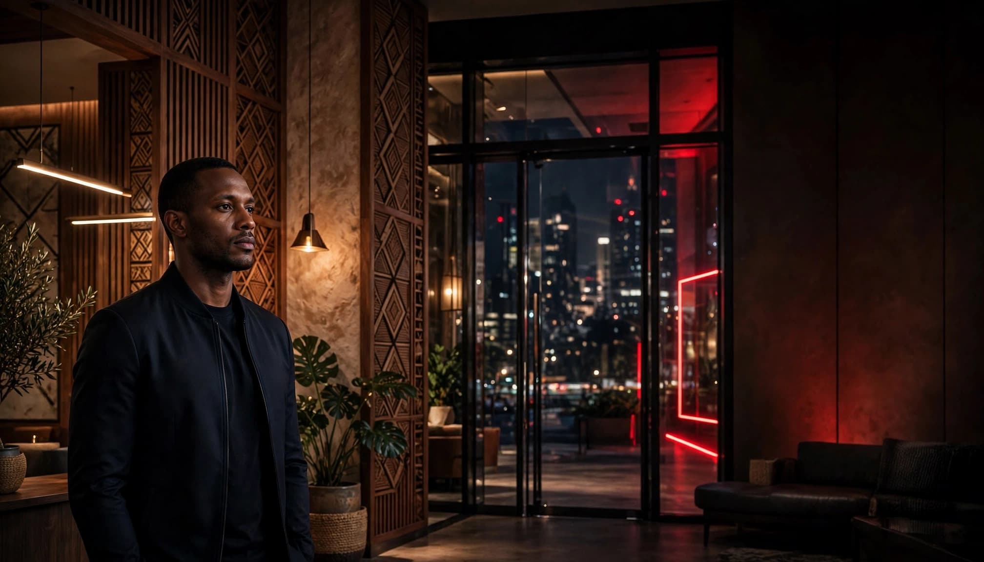 Male Escorts Nairobi: A Safer Search Guide for Adults 13 Xxnairobi- Best Escorts in Nairobi Directory in Kenya A man in a dark jacket stands beside a warmly lit hotel entrance.